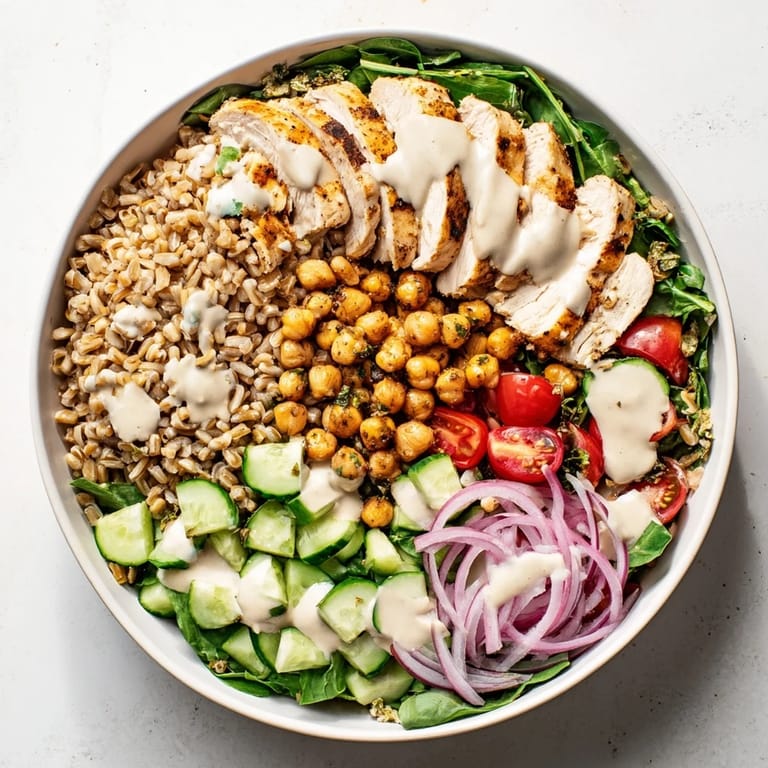 Hearty Mediterranean-inspired Lemon Tahini Chicken Power Bowl featuring tender sliced chicken, fluffy farro, cucumbers, and a rich tahini-lemon drizzle.