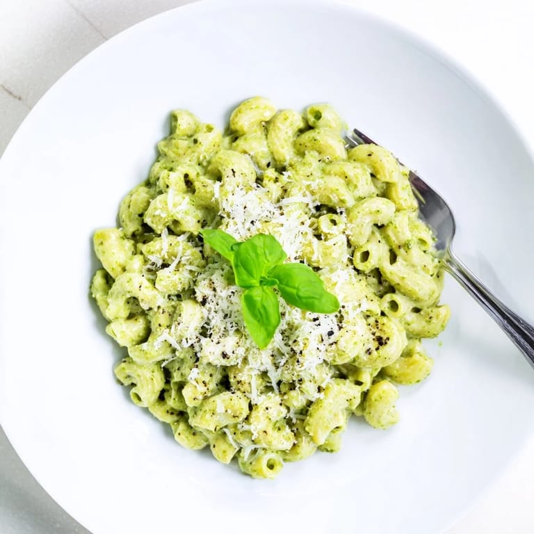 A close-up of creamy avocado pesto mac tossed with bright basil, showcasing the rich green sauce coating the pasta.