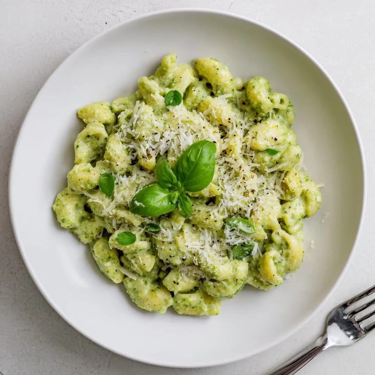 Serving suggestion for Creamy Avocado Pesto Mac, plated with a lemon wedge and cracked black pepper for extra flavor.