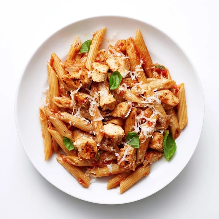 Freshly chopped basil leaves and grated Parmesan cheese garnish this warm, ready-to-serve main dish, perfect for a quick dinner.  