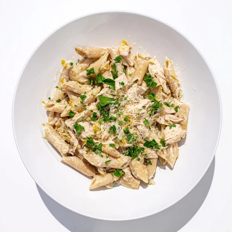 Savory Roasted Garlic Chicken Penne topped with extra Parmesan and red pepper flakes for heat.