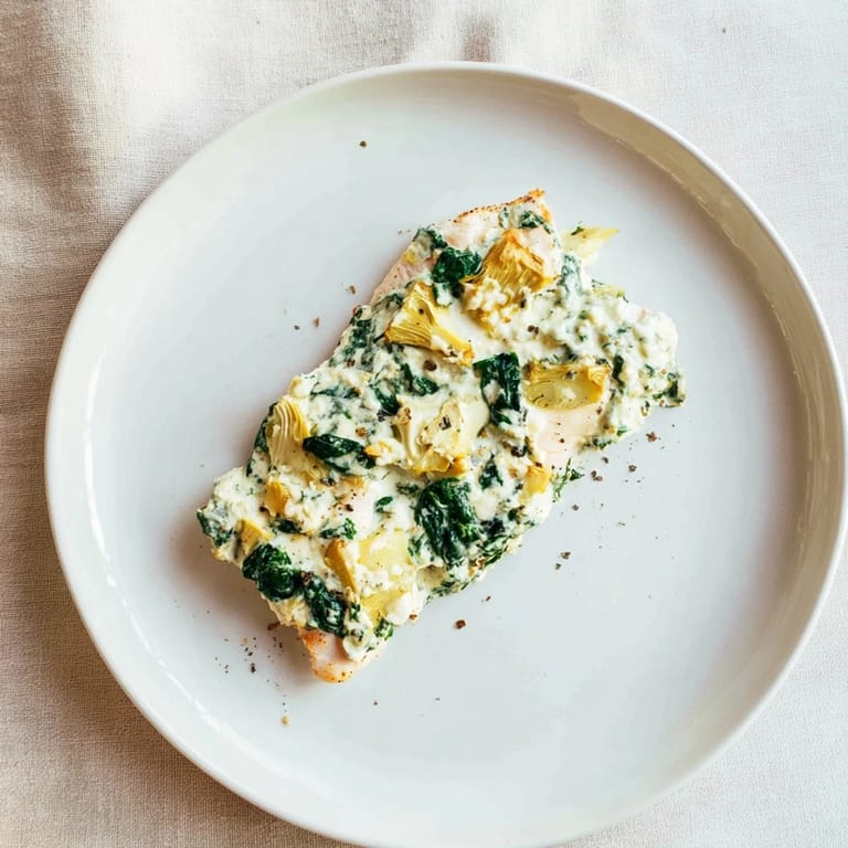 Baked chicken breasts topped with spinach and artichoke mixture, a perfect weeknight meal served alongside a crisp green salad.
