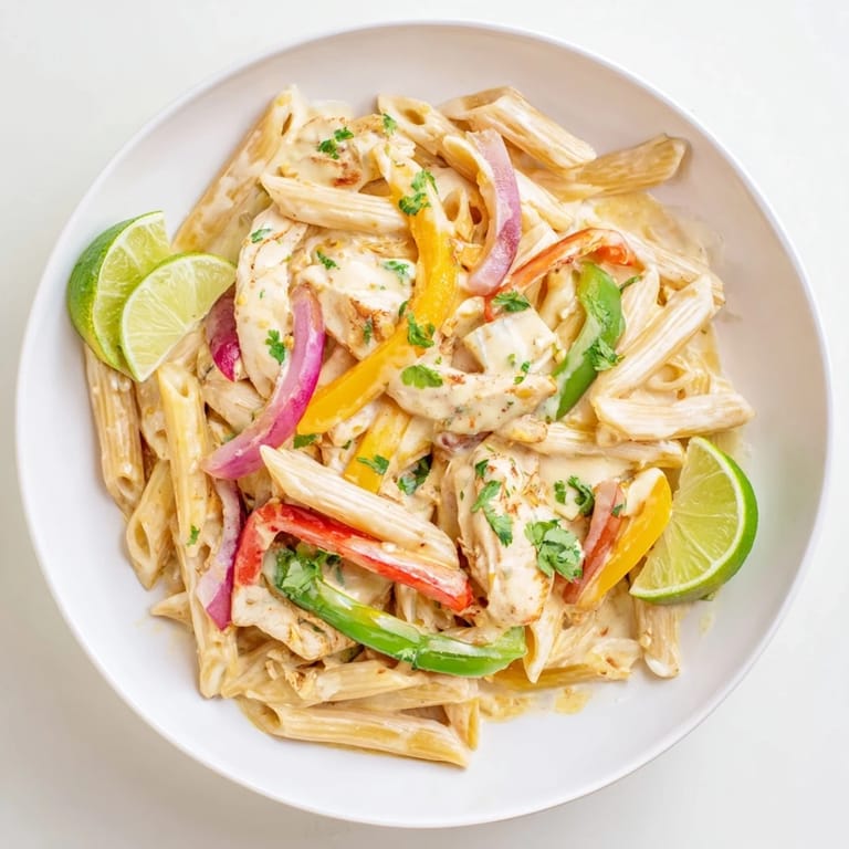 Tender fajita-spiced chicken and penne in a cheesy, Tex-Mex sauce with onions and peppers.