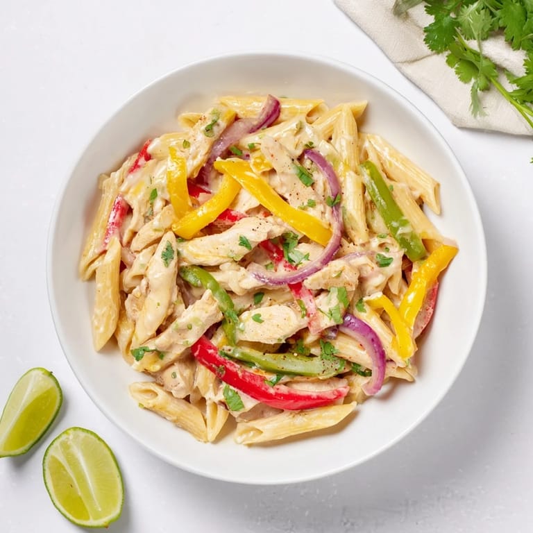 A sizzling skillet of Fajita Chicken Pasta, topped with fresh cilantro and jalapeño slices.