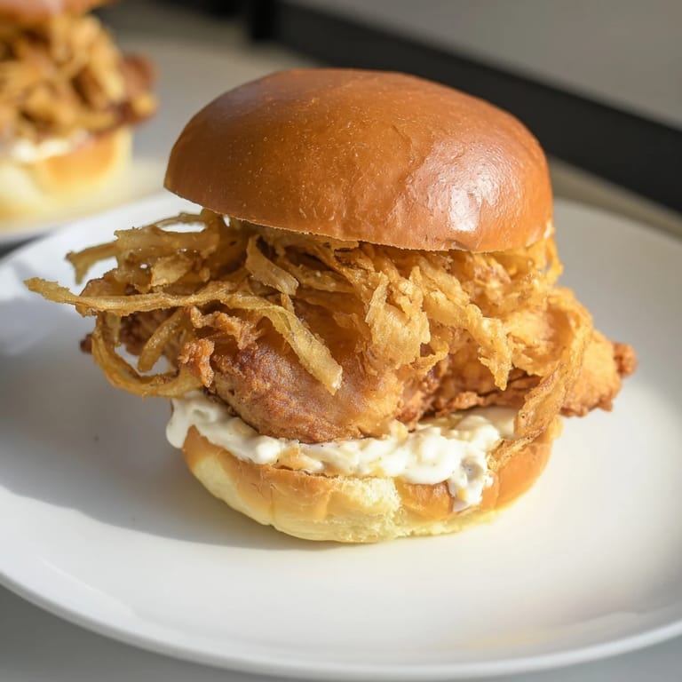 Stacked crispy onion chicken sandwich with lettuce, served on a plate for a satisfying lunch.  