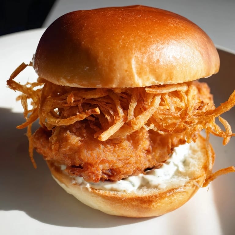 Homemade crispy onion chicken sandwich, featuring buttermilk-marinated fried chicken and crunchy onions.