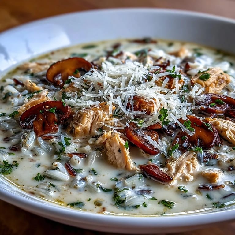 A hearty ladle of creamy Parmesan Mushroom Chicken and Wild Rice Soup, with tender chicken chunks, mushrooms, and wild rice.