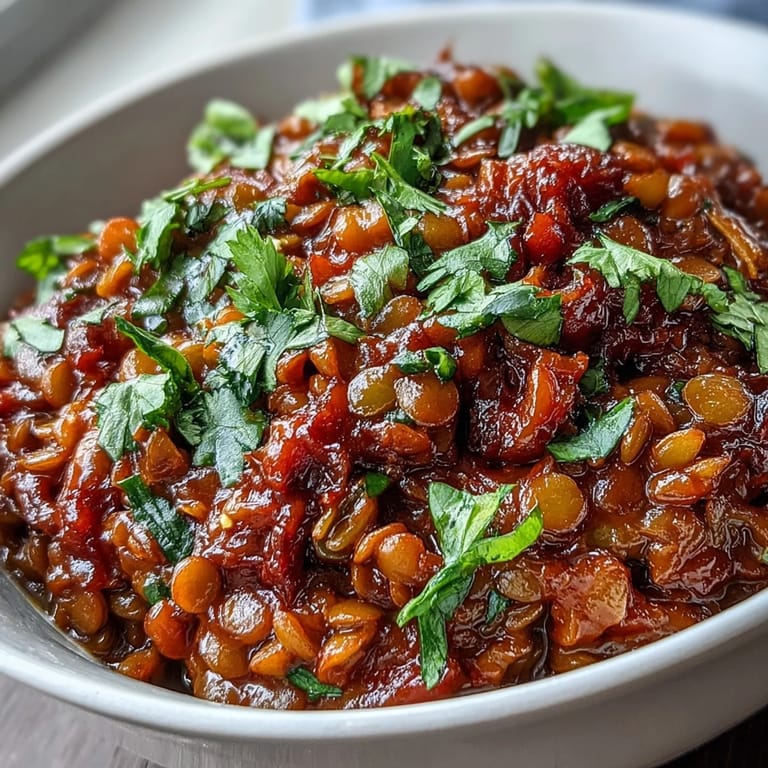 Hearty Cuban-Inspired Lentil Picadillo ready to be served over fluffy rice.