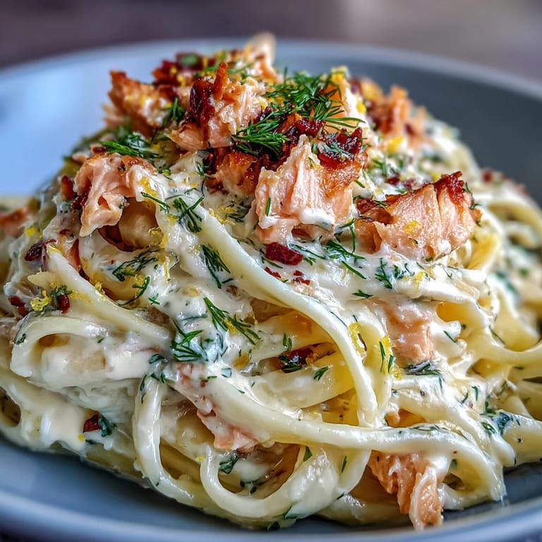 Flavorful weeknight creamy salmon pasta glistening with lemon and herbs.