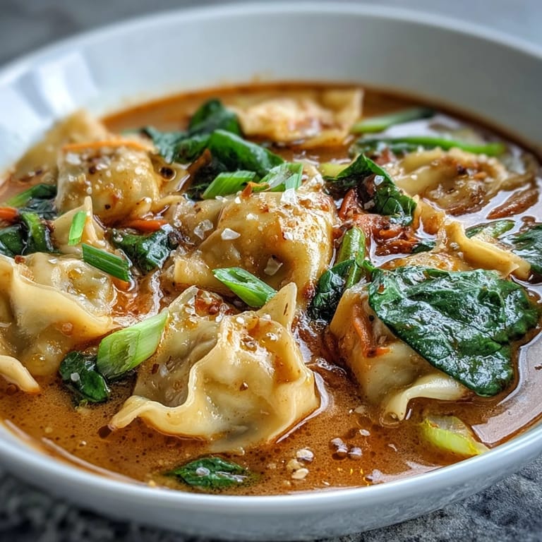 Quick Red Curry Wonton Soup With Greens served hot with lime wedges and fresh scallions for a comforting dinner.