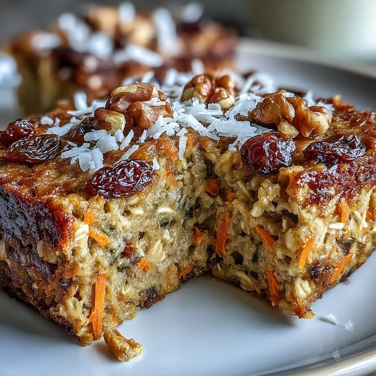 Warm Carrot Cake Baked Oatmeal in a baking dish, releasing aromatic cinnamon and nutmeg spices, ideal for a wholesome breakfast.