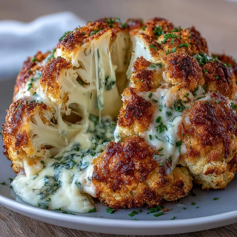 Close-up of a golden-brown Cheesy Stuffed Cauliflower Head, oozing melted cheese and herbs, sliced to reveal its savory filling.  