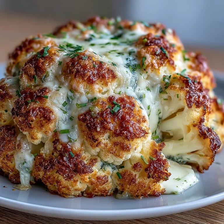 The impressive Cheesy Stuffed Cauliflower Head sits on a rustic platter, garnished with fresh chives and ready to slice for dinner.