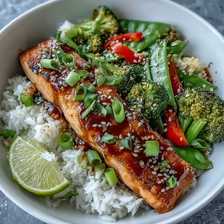 Freshly glazed Maple Soy Glazed Salmon with sesame seeds and green onions, served alongside colorful vegetables for a quick, healthy dinner.