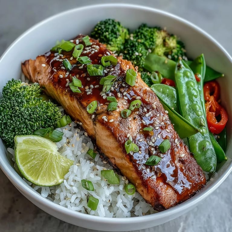 Juicy Maple Soy Glazed Salmon with a glossy, caramelized finish, paired with crisp snap peas and steamed rice in a white bowl.