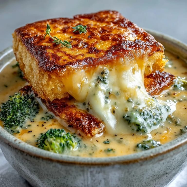 Top-down view of Creamy Broccoli and Butternut Squash Soup With Pastries, featuring melted brie cheddar pastries on a warm soup bowl.