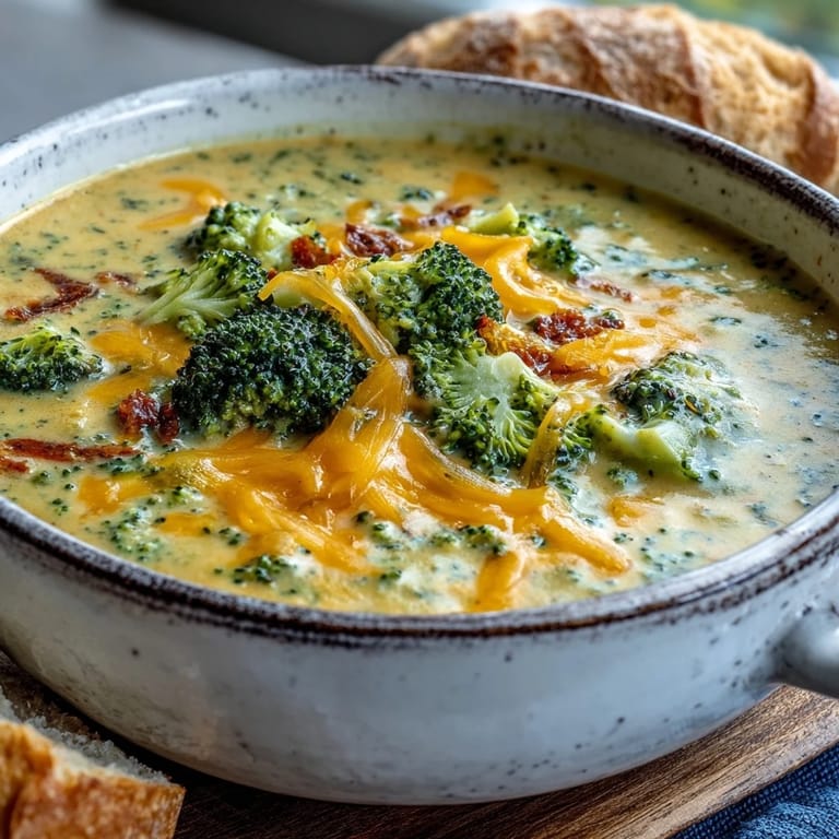 A ladle lifting rich Broccoli Cheddar Soup from a pot, revealing tender broccoli florets and shredded carrots in a velvety cheese sauce. Perfect for chilly evenings.