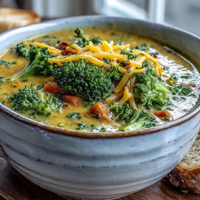 A close-up of a spoon diving into thick, creamy Broccoli Cheddar Soup, melting cheddar strands visible. Served alongside a slice of toasted artisan bread.