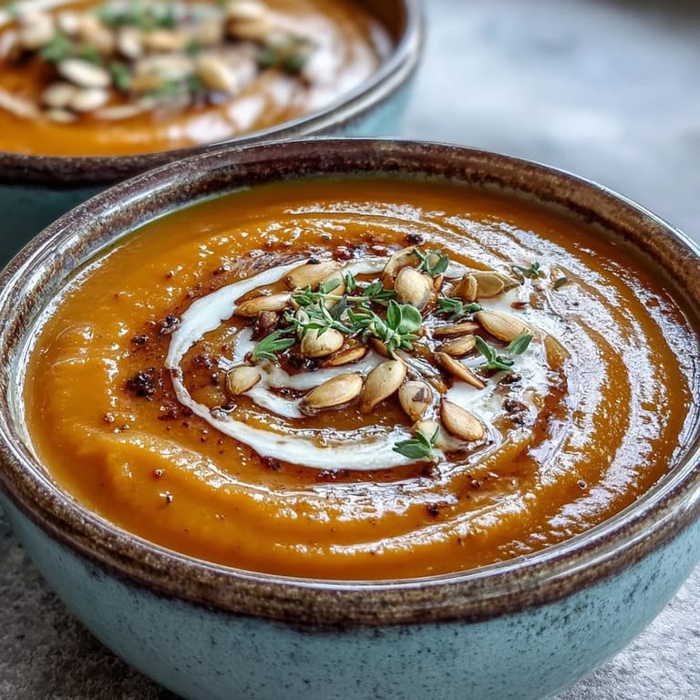 A close-up of velvety Butternut Squash and Apple Soup with fresh thyme and a sprinkle of nutmeg, steaming warmly from a Dutch pot, perfect for fall evenings.