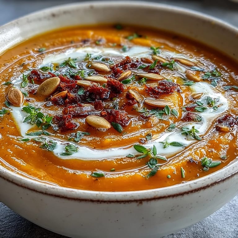Golden Butternut Squash and Apple Soup purée garnished with a swirl of coconut cream, highlighting the rich texture of the autumn-inspired blended dish in a white bowl.