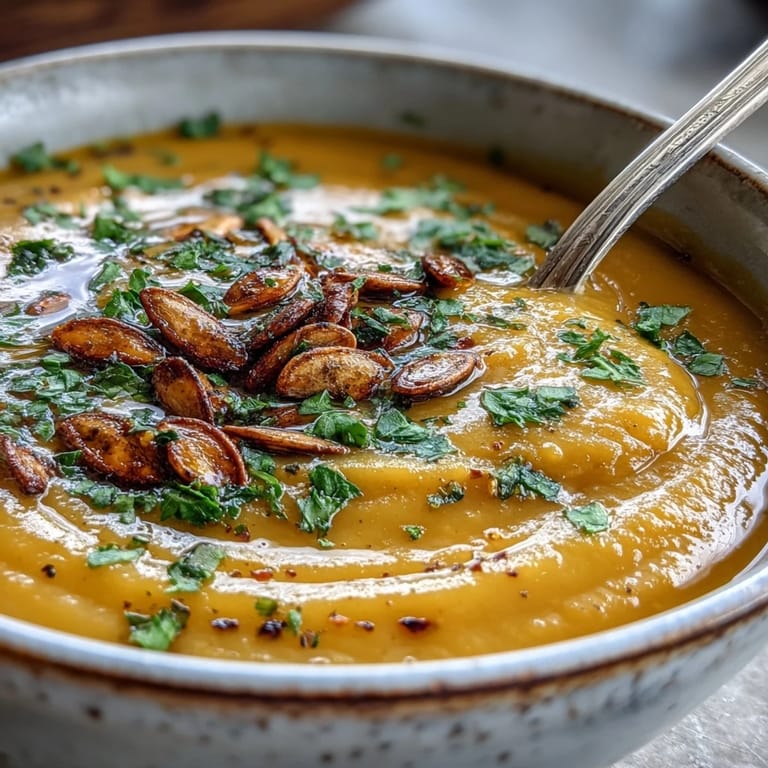 Vibrant bowl of Roasted Broccoli and Butternut Squash Soup garnished with fresh parsley and cream drizzle.