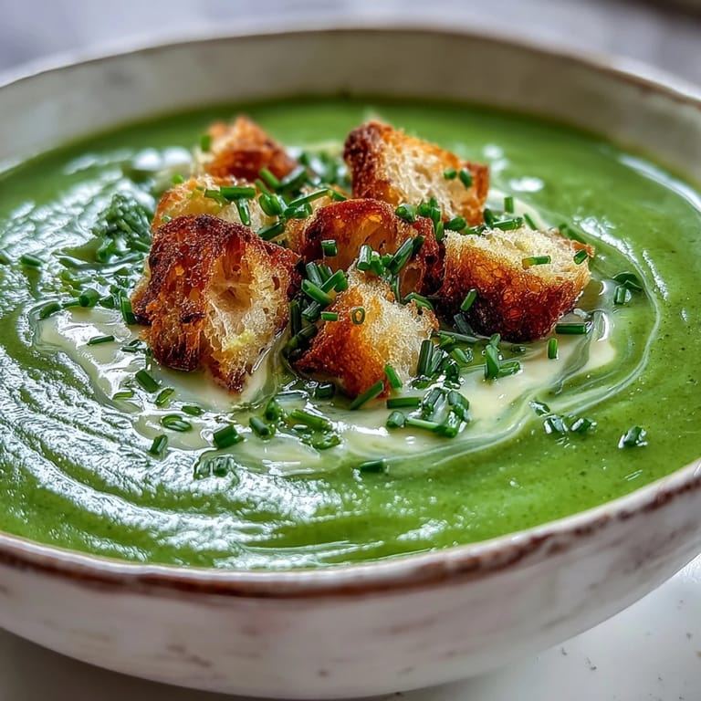 Steam rising from a warm bowl of Cream of Broccoli Soup, garnished with a swirl of heavy cream.