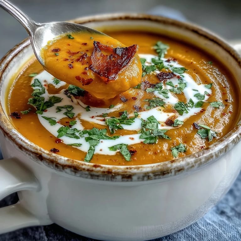 Golden roasted butternut squash and red lentils simmered with warming spices in a pot for a cozy vegan dinner.