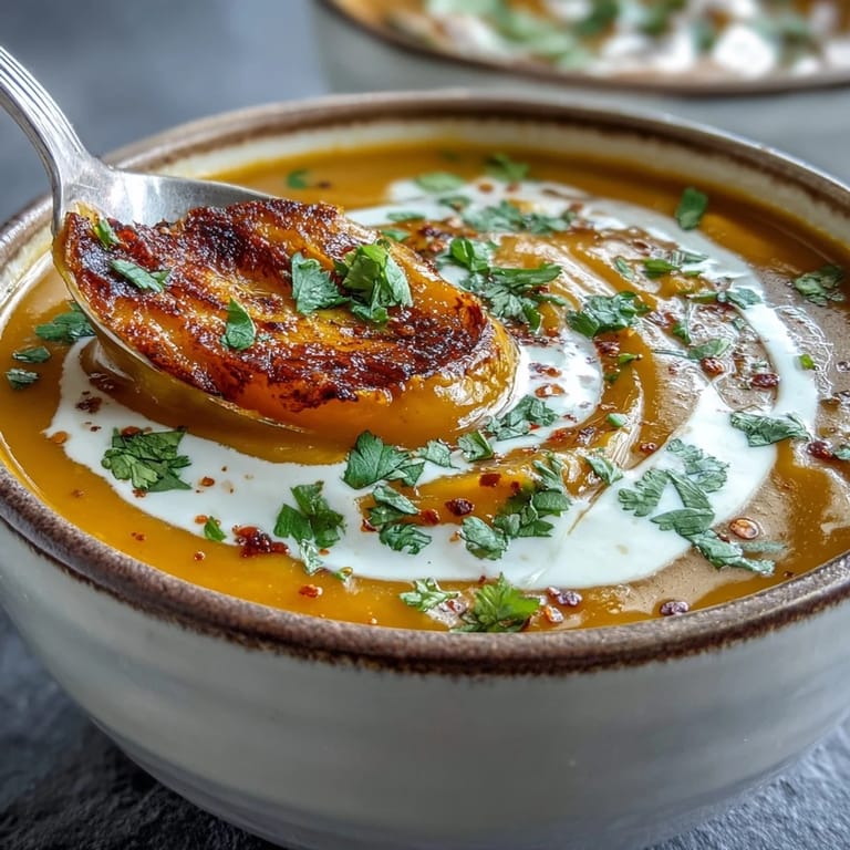 Vibrant orange Butternut Squash and Lentil Soup ladle-ready, paired with crusty bread for a comforting, gluten-free meal.