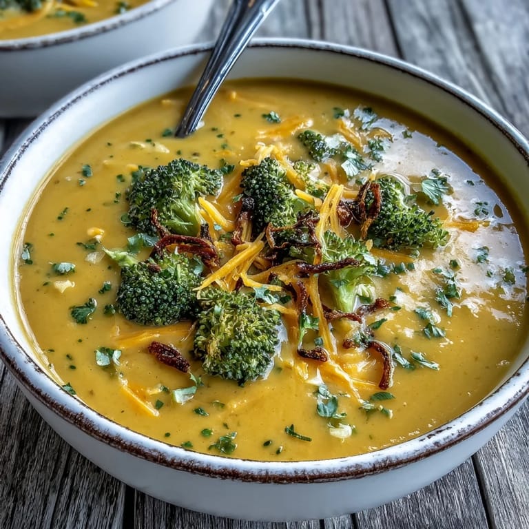 A comforting bowl of Butternut Squash Broccoli Cheddar Soup with a velvety texture, paired with crusty bread on a cozy table.