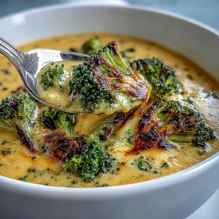 Golden, roasted broccoli florets and shredded sharp cheddar highlight the creamy texture of this homemade Roasted Broccoli Cheddar Soup.