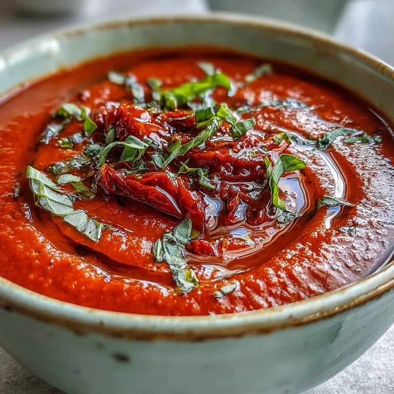 A steaming bowl of homemade roasted tomato basil soup with golden croutons, set on a cozy wooden table.