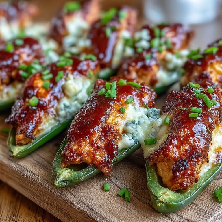 A close-up of bubbling Buffalo Wing Poppers on a baking sheet, garnished with fresh chives and crumbled blue cheese, perfect for game day.