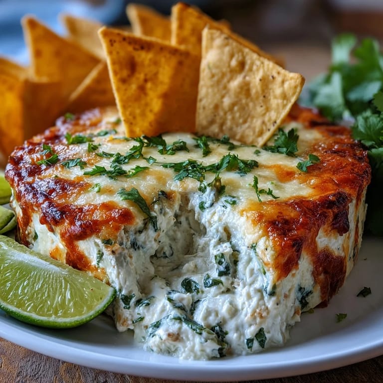 A vibrant serving of Cilantro and Lime Chicken dip, garnished with cilantro and lime, with a bowl of tortilla scoops ready for dipping.