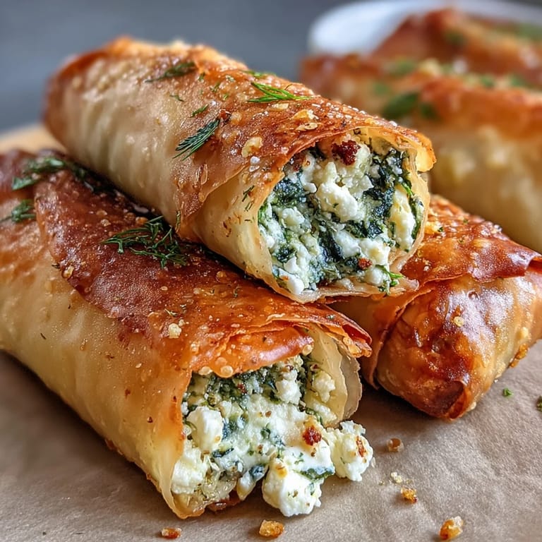 Steaming Spanakopita Spring Rolls on a wooden board with fresh dill garnish, perfect for Mediterranean appetizer spreads.