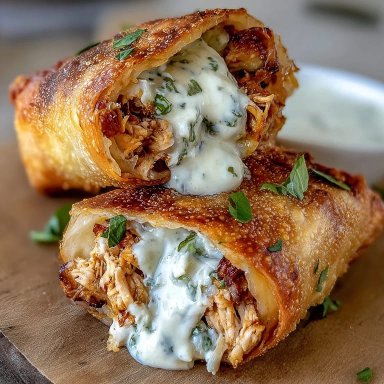 Freshly baked mini chicken chimis with jalapeño cream cheese, garnished with cilantro and paired with a tangy dipping sauce.