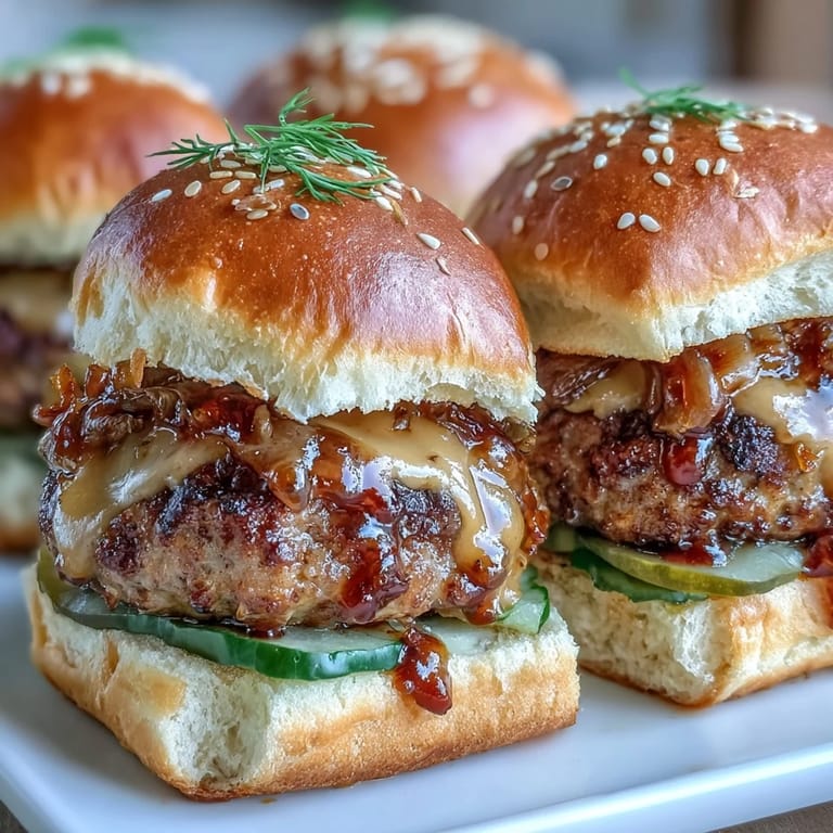 Freshly baked slider buns cradle juicy bratwurst patties, layered with melted cheddar sauce, tangy pickles, and sweet onions.