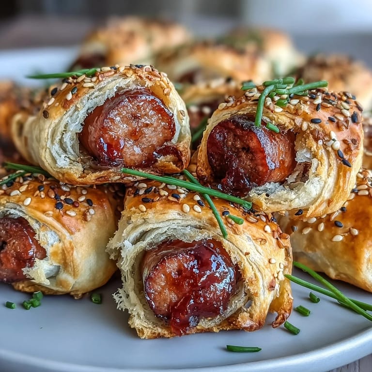 Buttery puff pastry wraps juicy mini sausages, baked to perfection for these irresistible, crowd-pleasing Pepper Jelly Hogs in a Blanket appetizers.