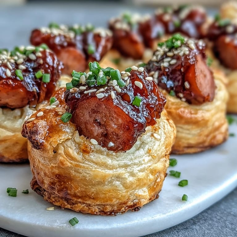 A close-up view of Pepper Jelly Hogs in a Blanket, showcasing the tender meat and bubbly, vibrant pepper jelly coating.