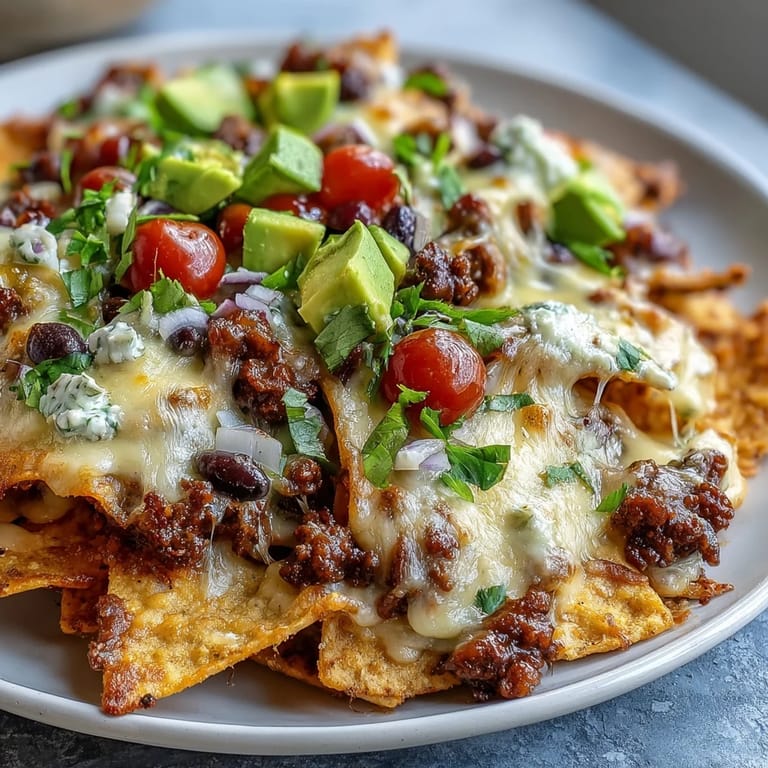 A close-up view of Baked Nachos on a platter, loaded with savory beef, ripe avocado, and a dollop of sour cream.