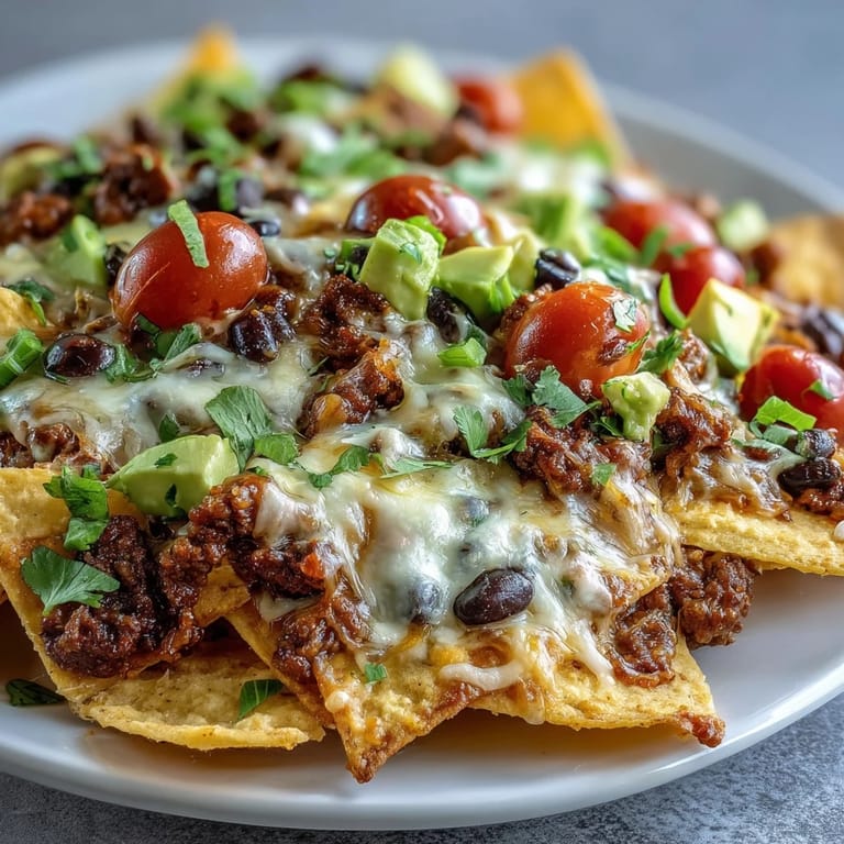 Hot Baked Nachos just out of the oven, featuring crispy tortilla chips, vibrant cherry tomatoes, and black olives.