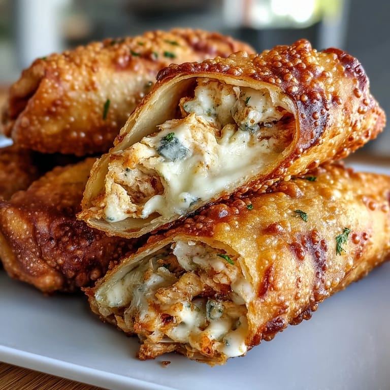 A close-up of fried Buffalo Chicken Egg Rolls, showcasing their crispy wrapper, vibrant orange buffalo sauce seeping from the edges, and fresh celery and carrots inside.