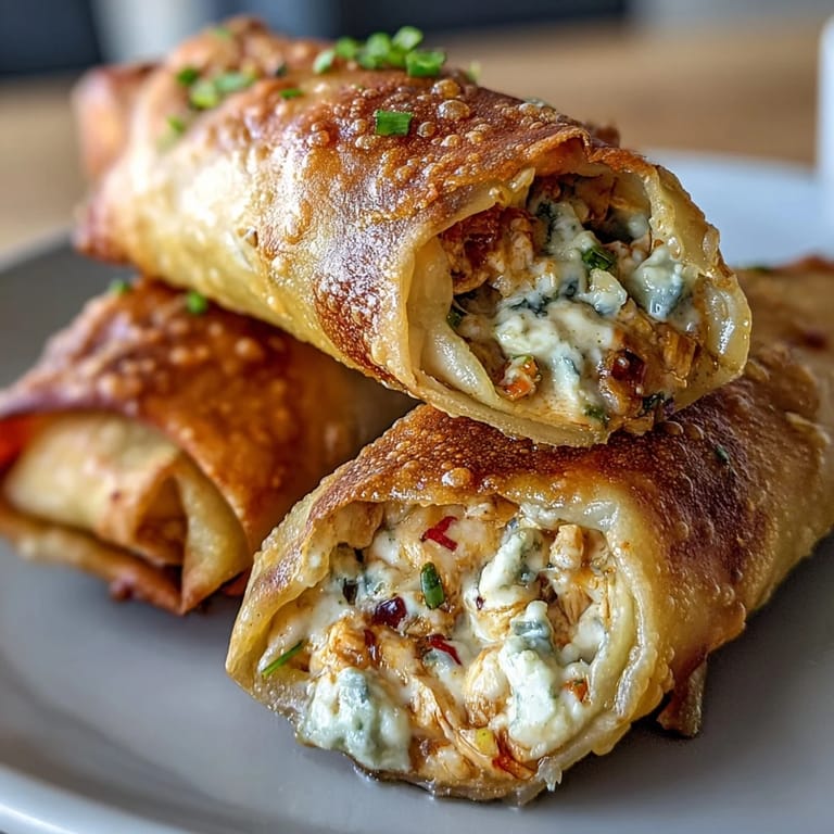 Deep-fried Buffalo Chicken Egg rolls arranged on a rustic platter with blue cheese crumbles and green onions, ready for a game day appetizer spread.