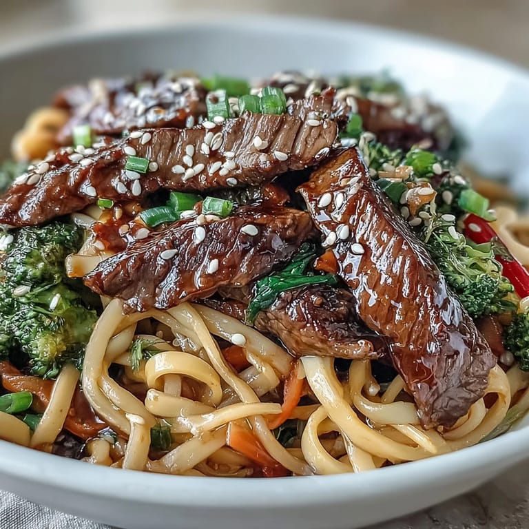 Quick Korean Beef Noodles plated for dinner, featuring fork-tender flank steak and broccoli tossed in a savory sauce.