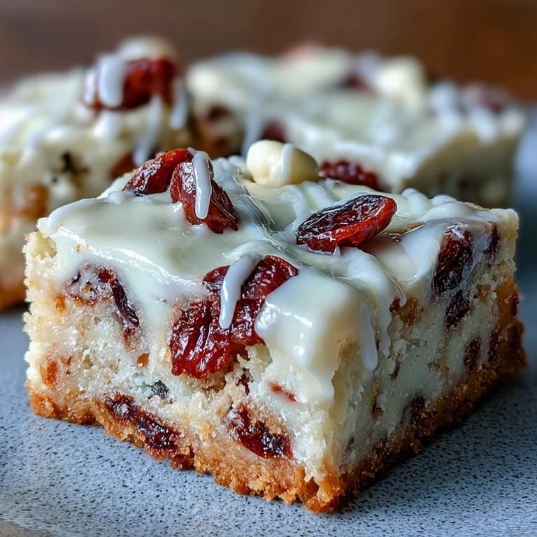 A close-up of Cranberry Bliss Bars shows creamy frosting, chewy cranberries, and white chocolate pooling on the edges.