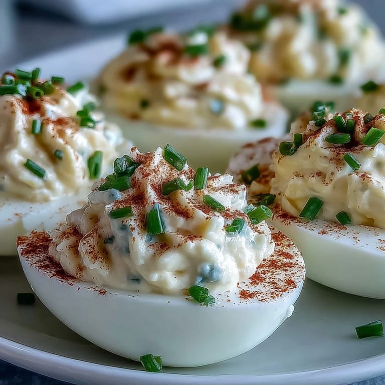 Close-up of Million Dollar Deviled Eggs with paprika dusting and fresh chives, served chilled on a serving dish.