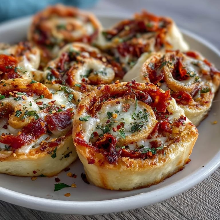 A batch of Tortilla Pizza Rolls fresh from the oven, featuring golden pinwheels filled with gooey cheese, savory meat, and vibrant diced bell peppers.
