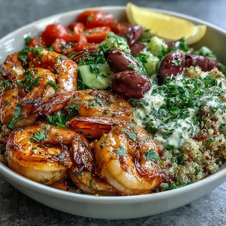 Close-up of a Mediterranean Shrimp Bowl with shrimp, tomatoes, cucumber, olives, and herbs over fluffy grains.
