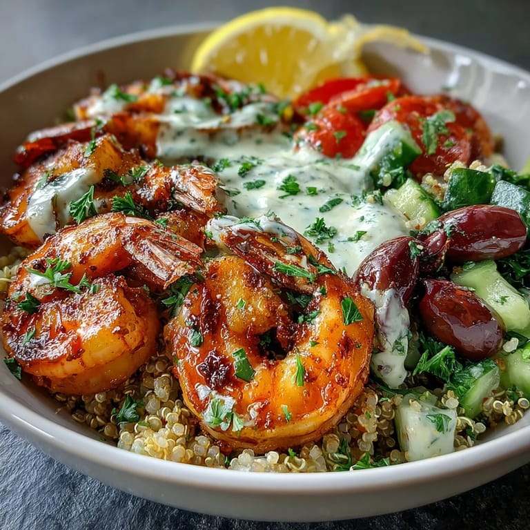 Colorful Mediterranean Shrimp Bowl garnished with parsley and lemon wedges, drizzled with tahini sauce for a zesty finish.