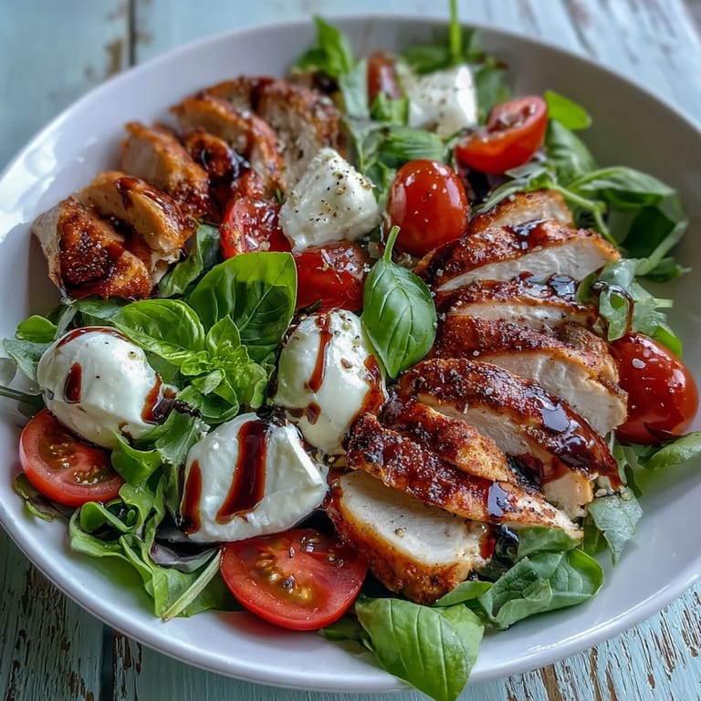 Caprese Chicken Bowl served in a white bowl, layered with salad greens, tender grilled chicken, cherry tomatoes, mozzarella, and aromatic basil.  