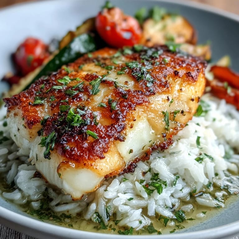 Bright roasted vegetables and tender fish atop fluffy rice, finished with a zesty lemon drizzle in a vibrant, healthy bowl.